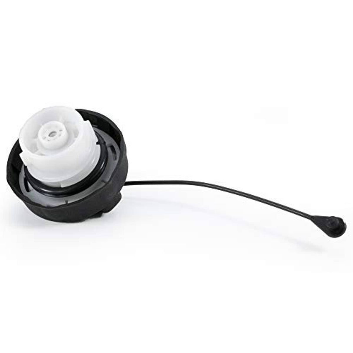 Gas cap tether assembly, black housing with white cap insert and attached cable