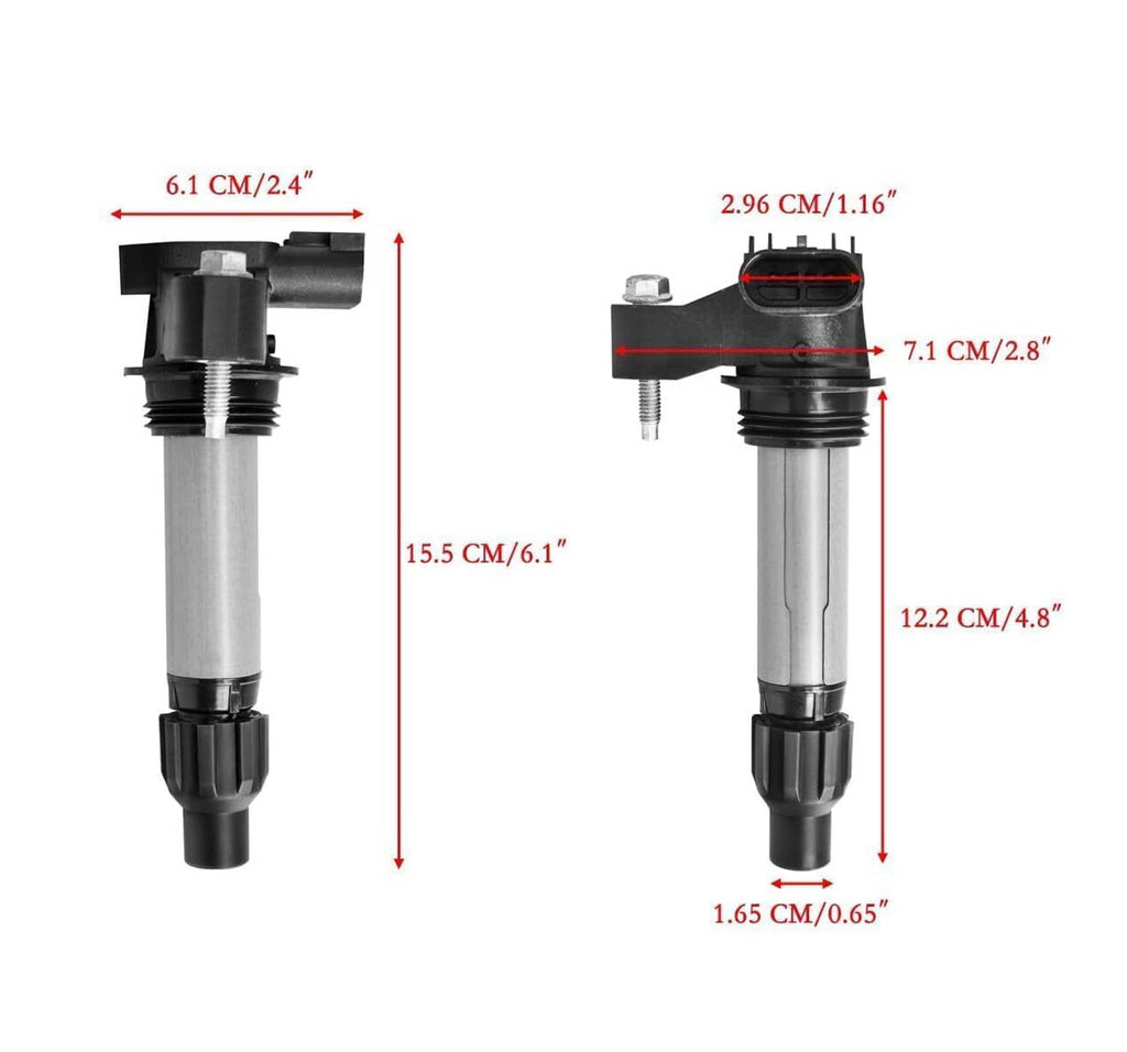 Ignition coil with spark plug, front and side dimension view