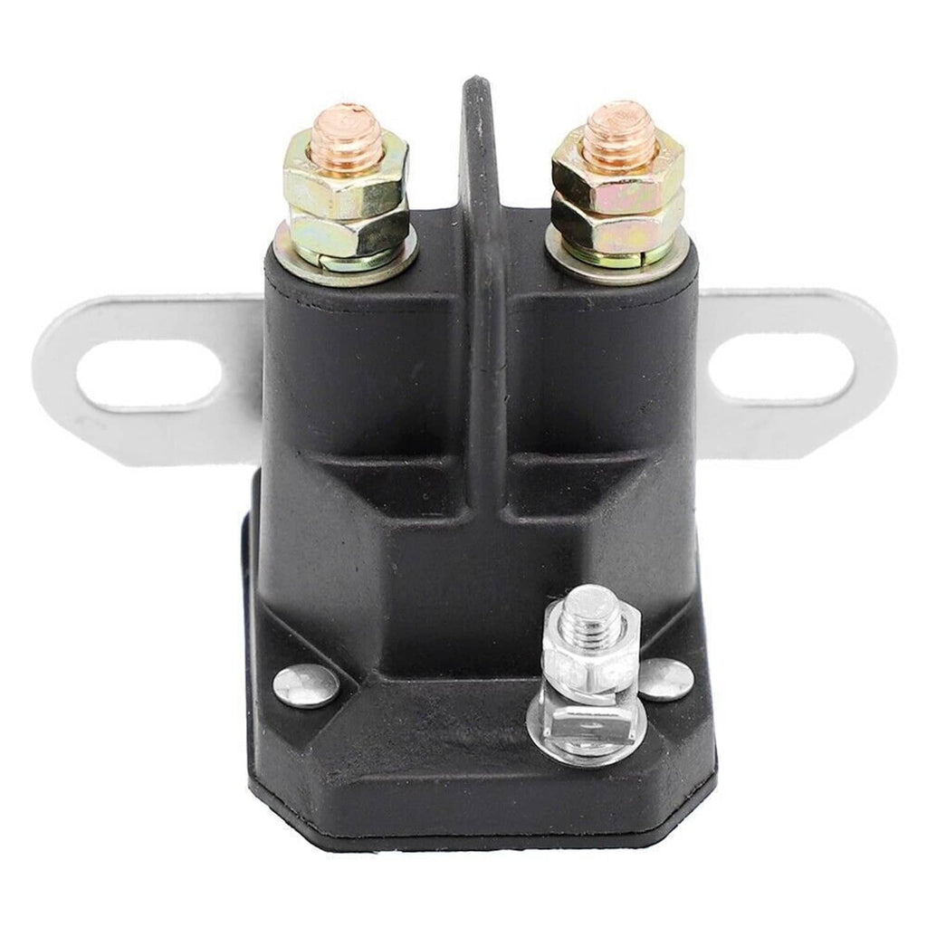 Lawn mower starter solenoid with black body, copper terminals, and two-bolt mounting base