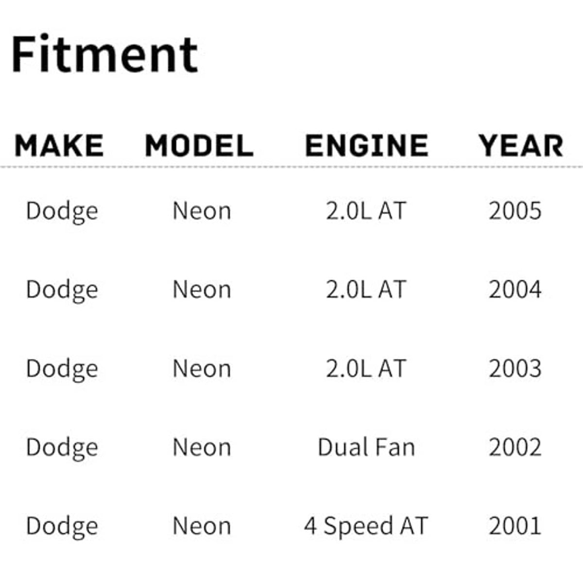 Fitment chart listing Dodge Neon years 2001-2005 and engine details