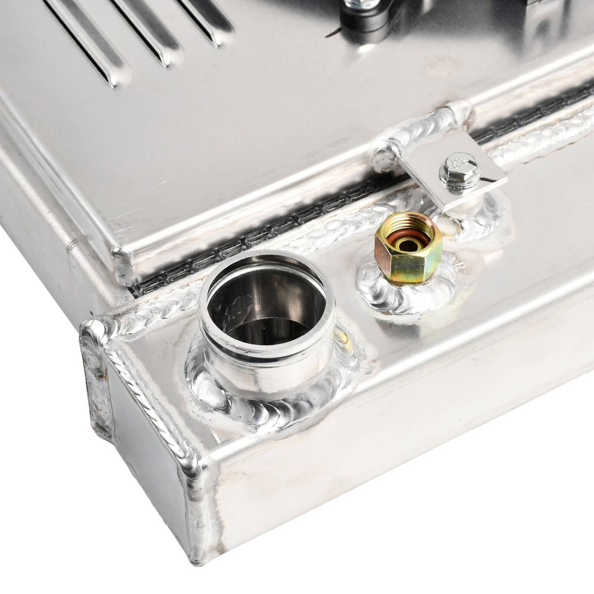 Radiator fan relay and mounting base on silver metal shroud with electrical terminal