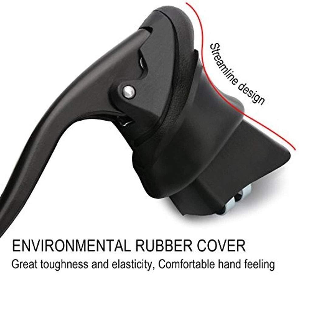 Black bicycle brake lever with rubber cover and silver pivot bolt on the hood