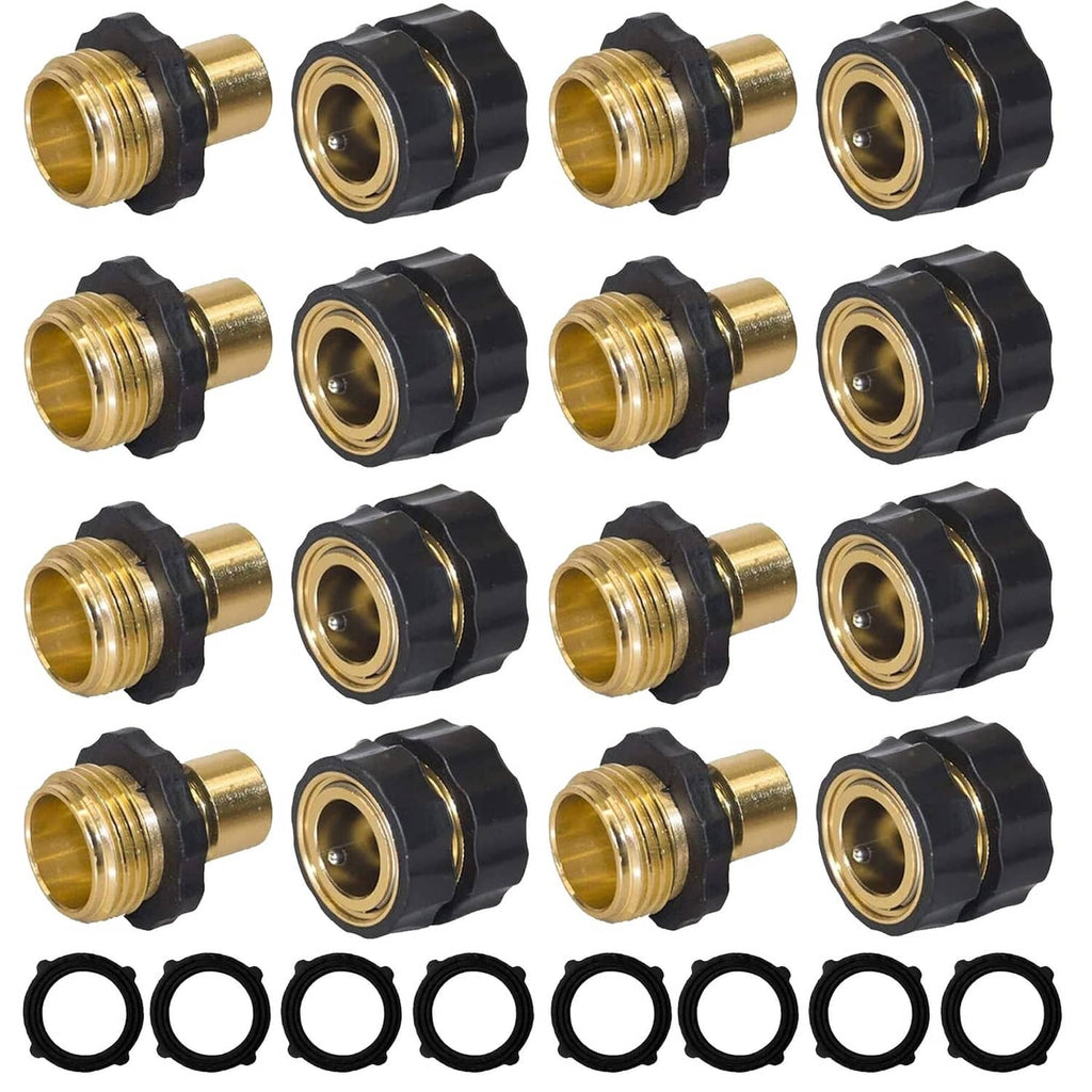 Gold quick garden hose connectors set with black ridged ends, 16-piece bundle