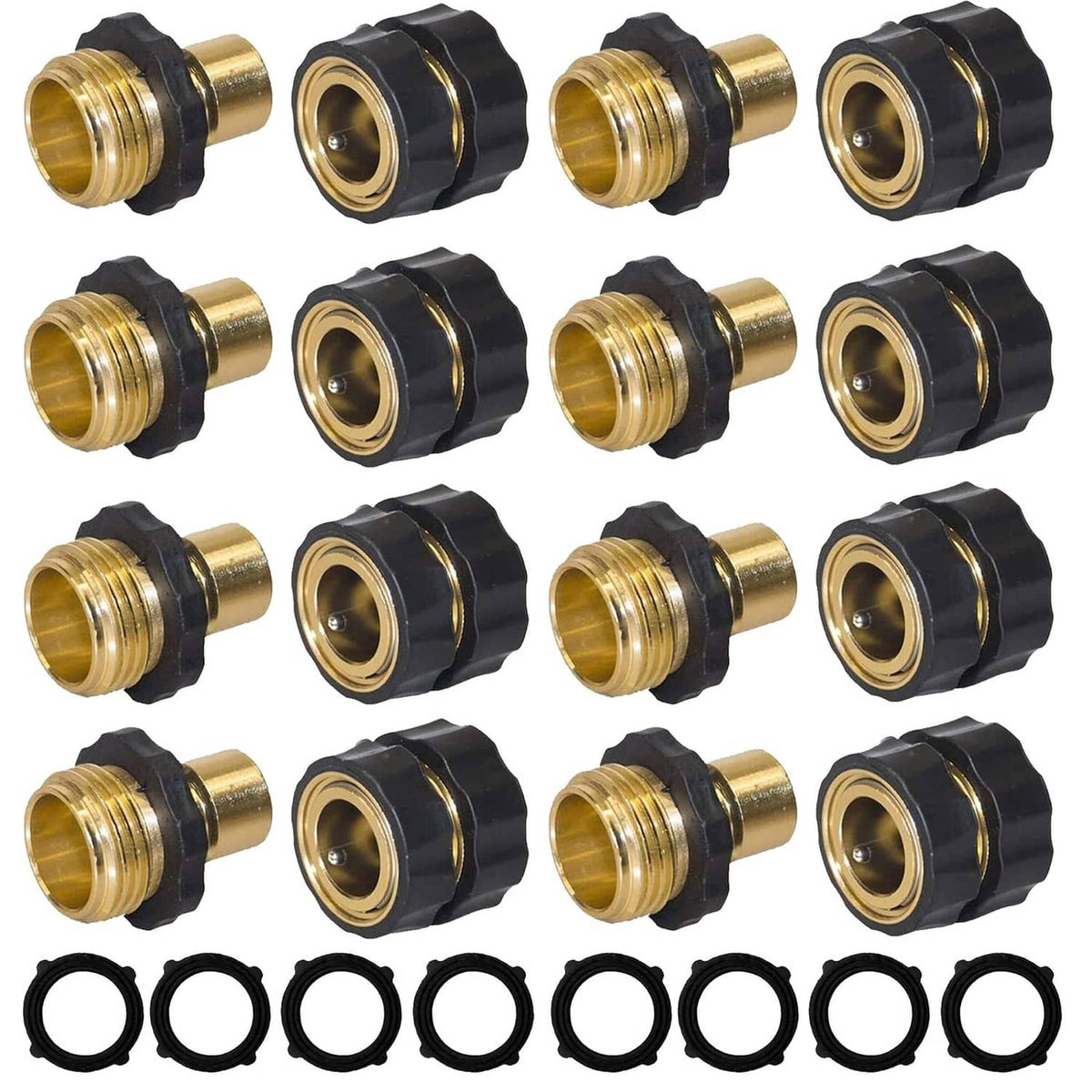 Gold quick garden hose connectors set with black ridged ends, 16-piece bundle