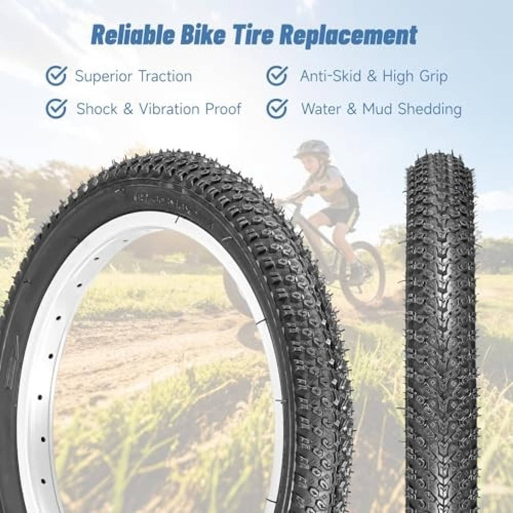 Close-up of black knobby bike tire tread with one spare tire