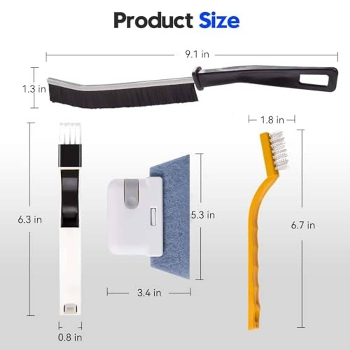 Window track cleaning brush set with size diagram for long scraper handle and curved brush
