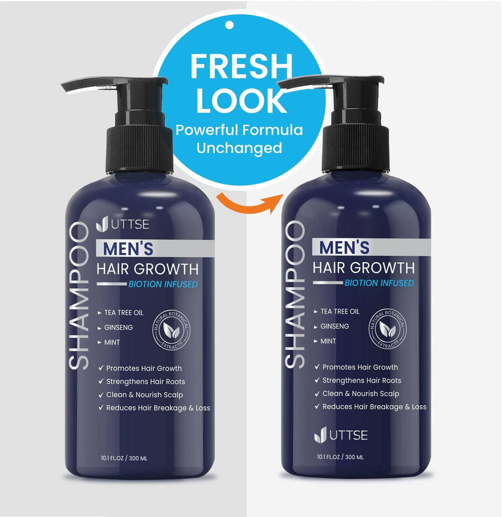 Men's hair growth shampoo bottle pair labeled Fresh Look and Bioitin infused