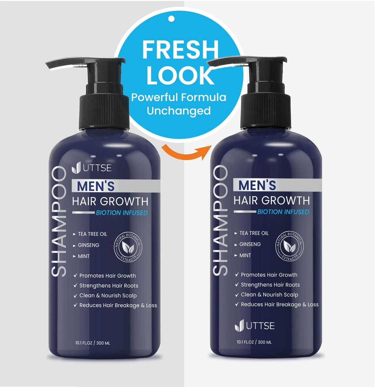 Men's hair growth shampoo bottle pair labeled Fresh Look and Bioitin infused