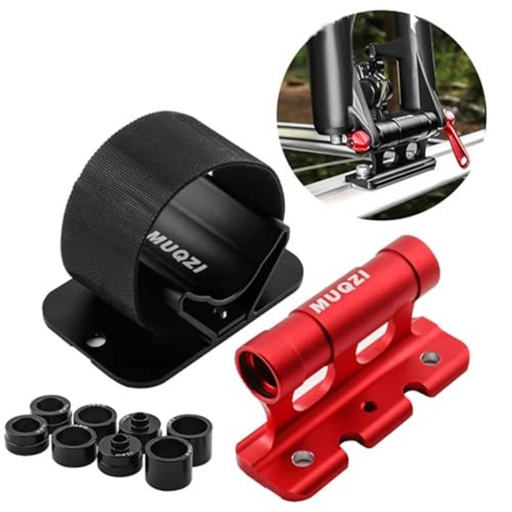 Red aluminum bike fork mount kit with black strap, spacers, and included fasteners