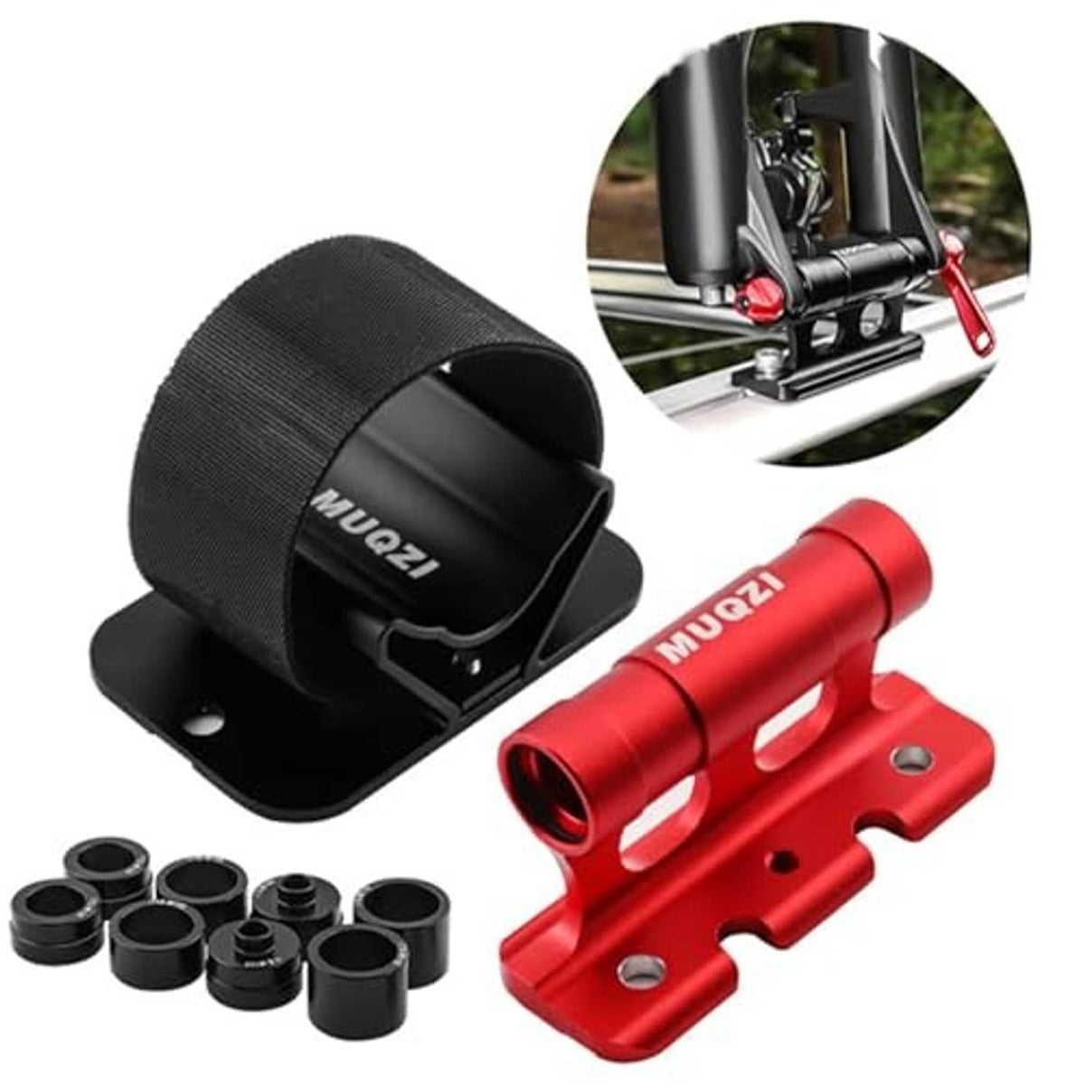 Red aluminum bike fork mount kit with black strap, spacers, and included fasteners