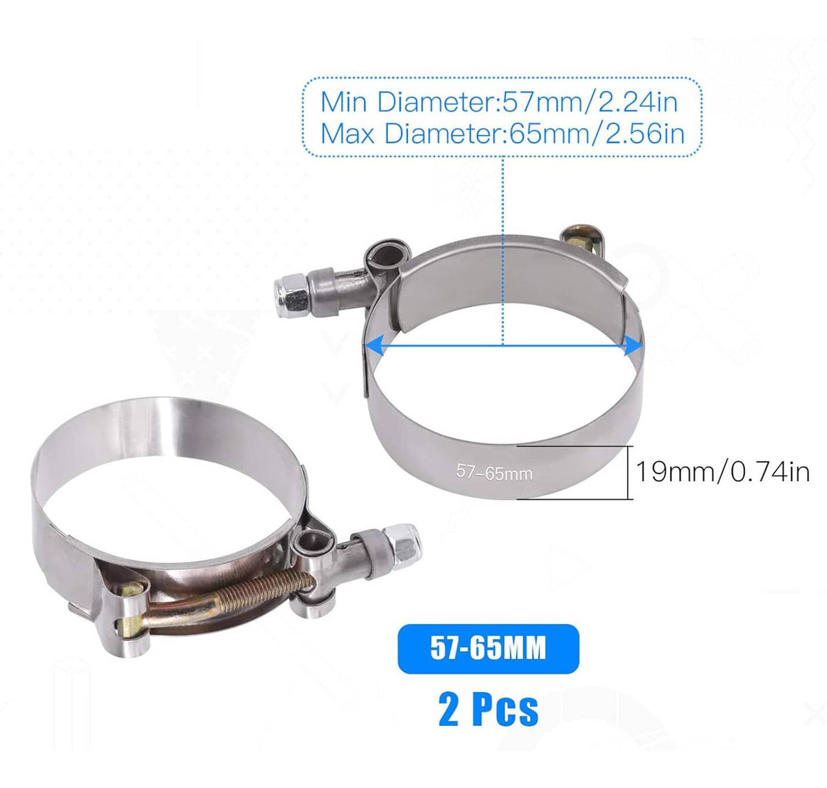 T-bolt hose clamps (2 pcs) for 57–65mm hose diameter, shown with band and screw