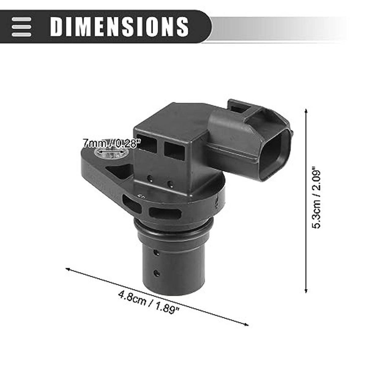 Camshaft position sensor with black connector and labeled size measurements