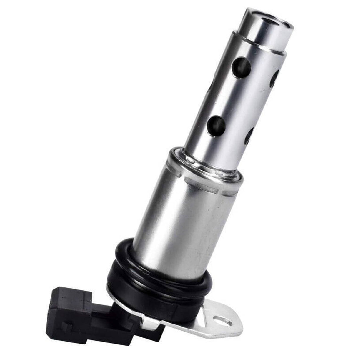 Variable timing solenoid valve with silver body, black base ring, and side mounting bracket