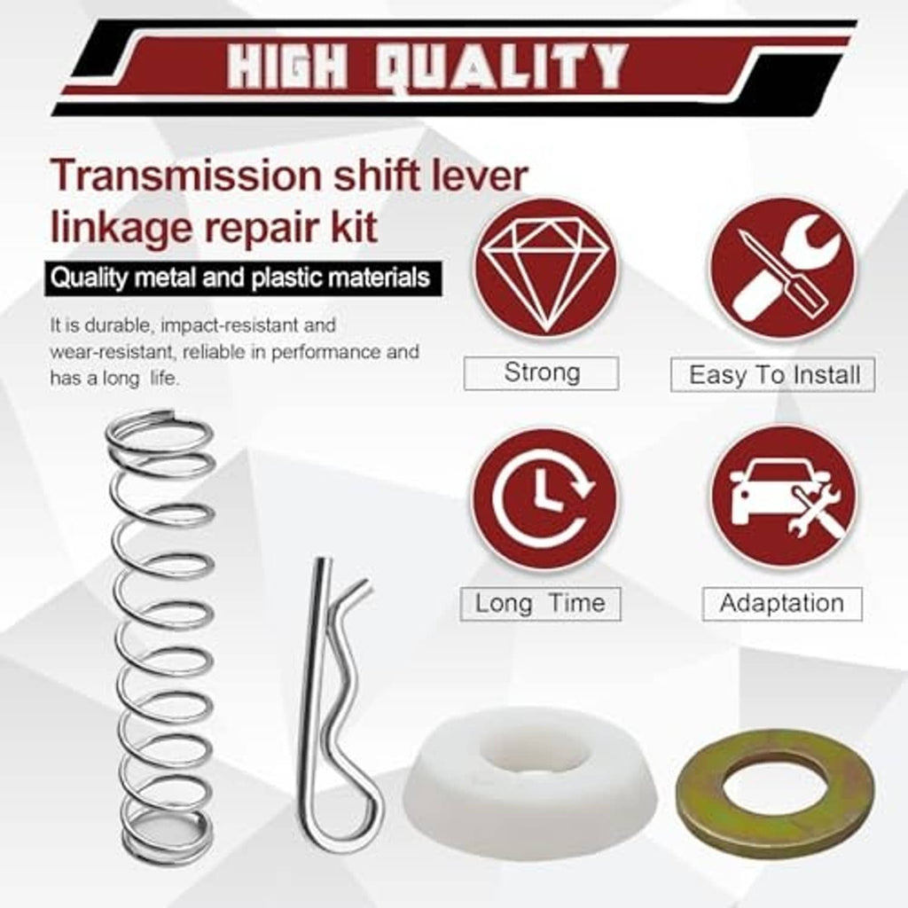 Transmission shifter repair kit: metal linkage rod, coil spring, white plastic bushing, copper ring