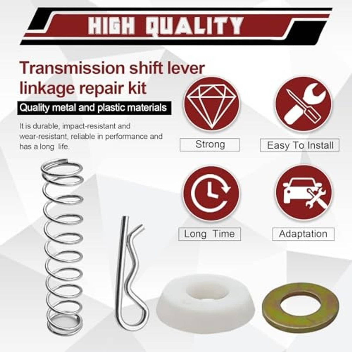 Transmission shifter repair kit: metal linkage rod, coil spring, white plastic bushing, copper ring