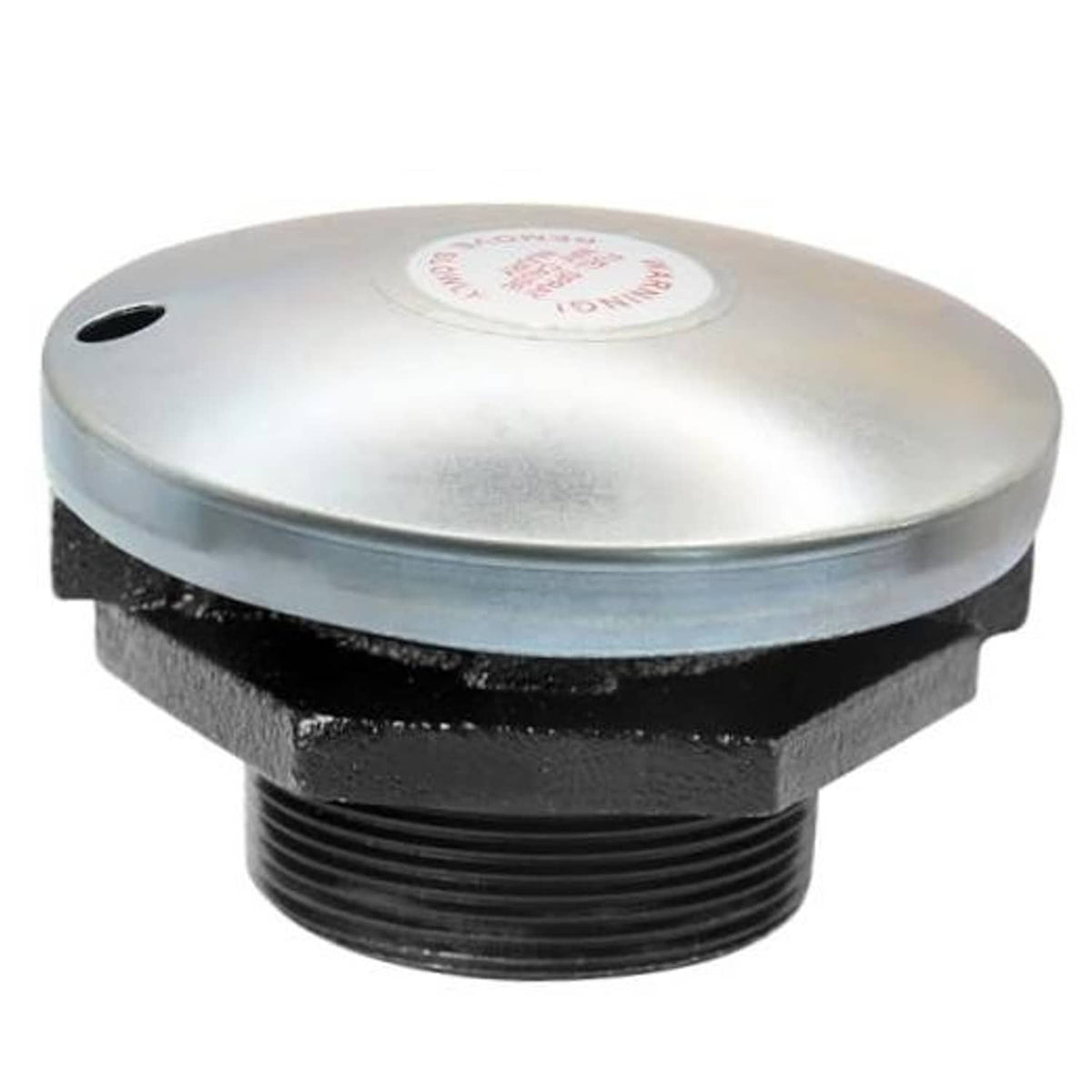 Silver vented diesel fuel cap with black base and external threaded neck
