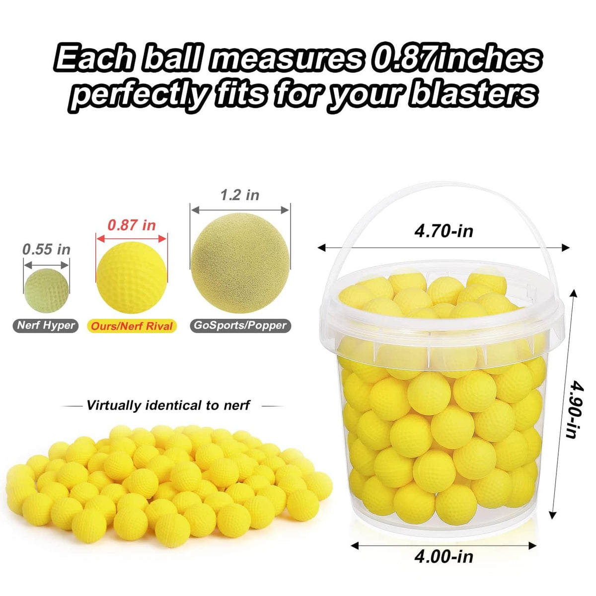 Clear lidded bucket filled with yellow foam round ammo balls