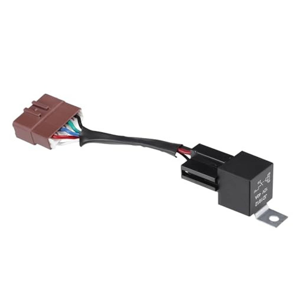 Relay conversion harness kit with brown connector plug and mounted black relay