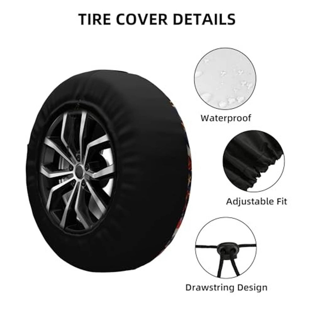Black spare tire cover details: waterproof, adjustable fit, drawstring design