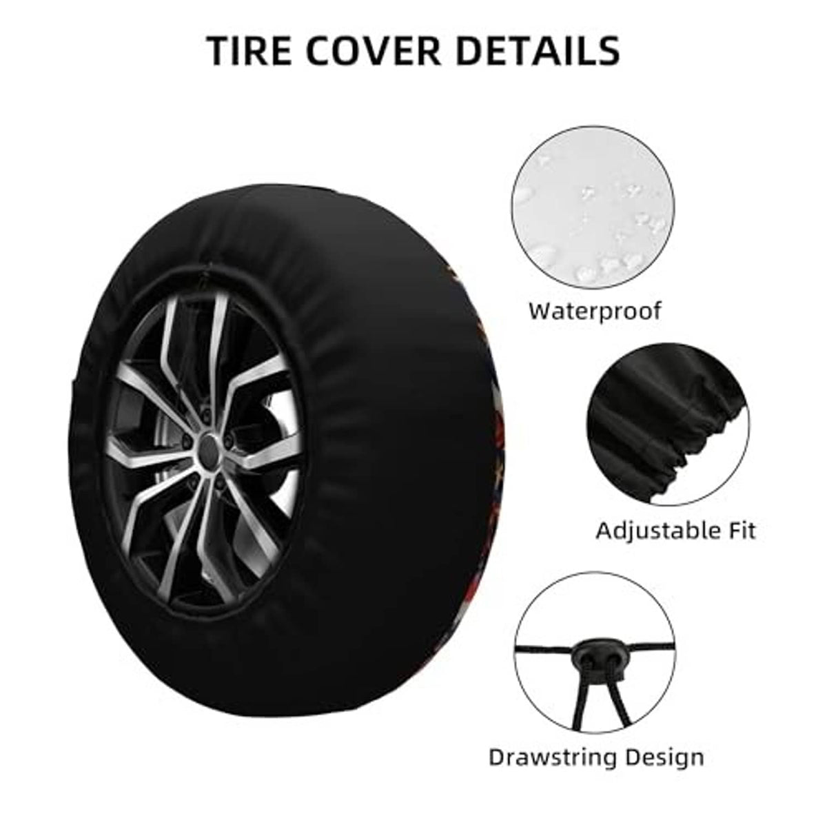 Black spare tire cover details: waterproof, adjustable fit, drawstring design