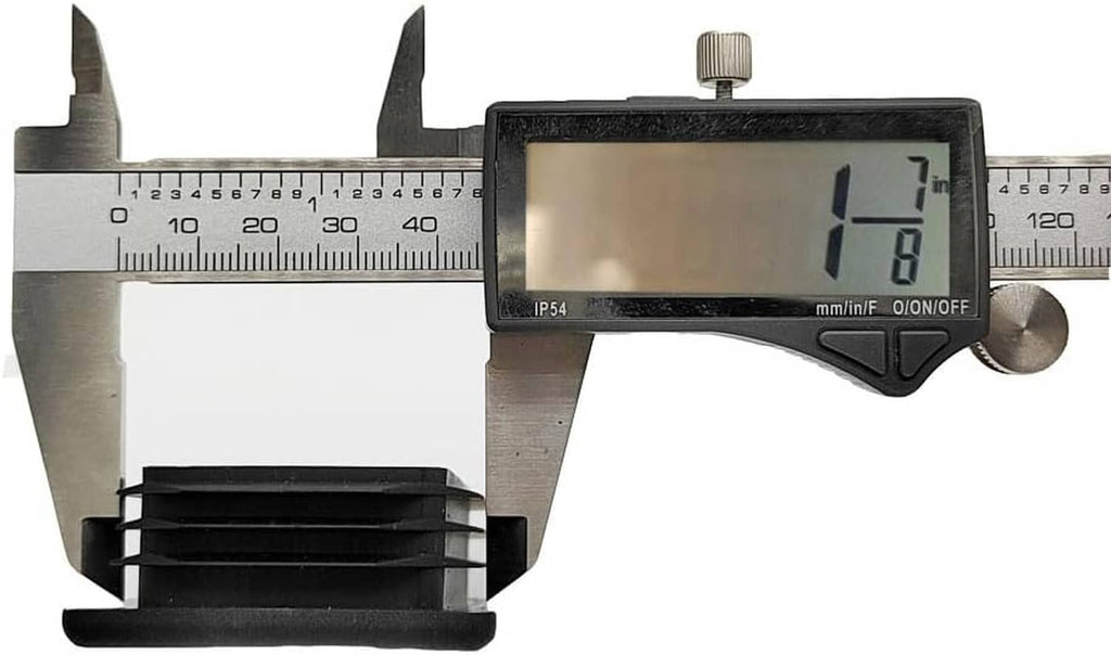 Black rectangular tube end cap plug insert with caliper measurement