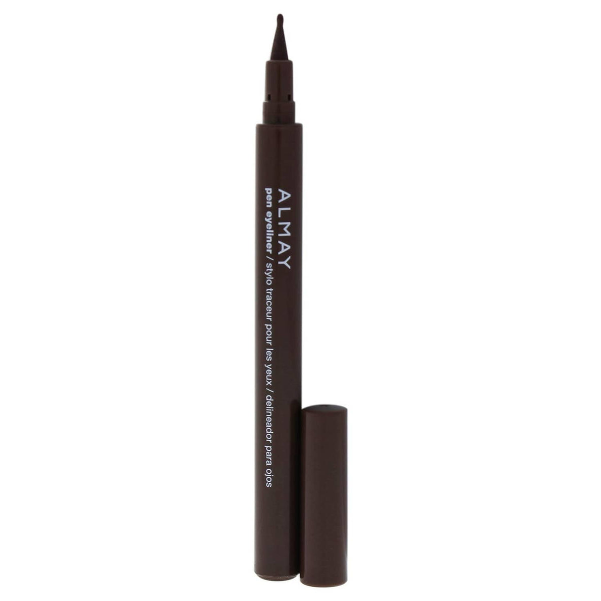 Brown eyeliner pen with pointed tip and cap, Almay branding on barrel.