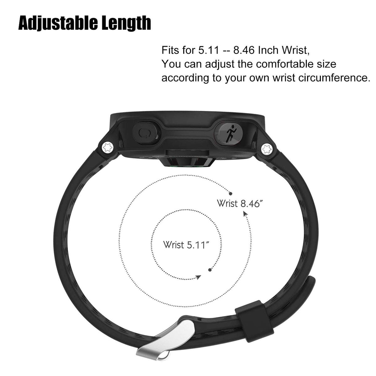 Adjustable black perforated watch band with metal buckle and size guide