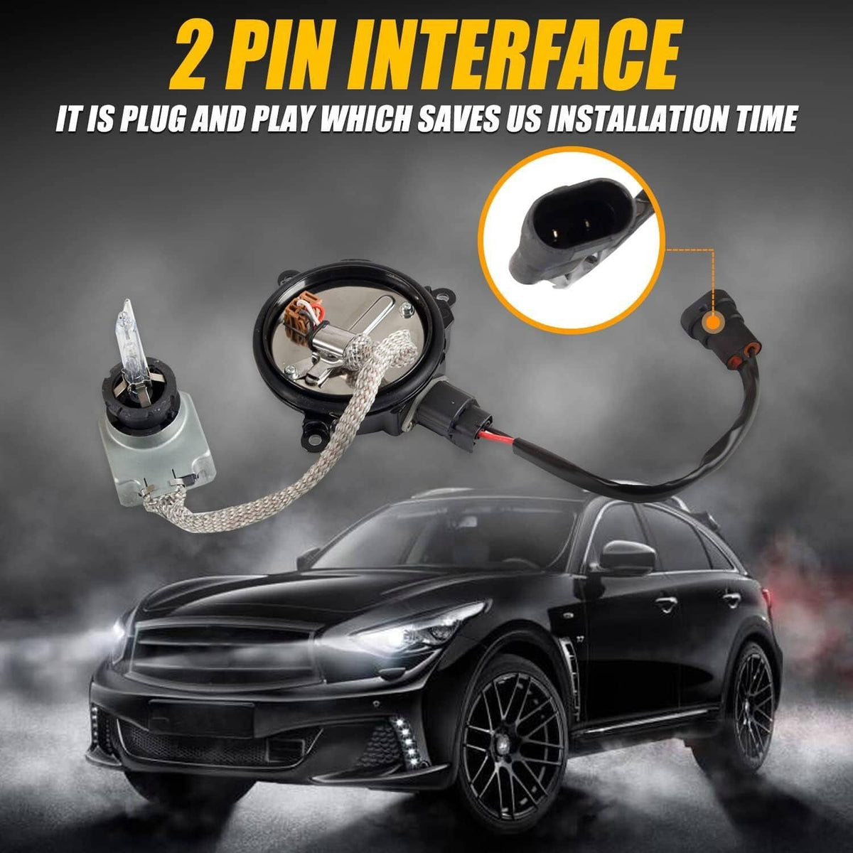 HID xenon headlight ballast with 2-pin bulb connector and wiring harness
