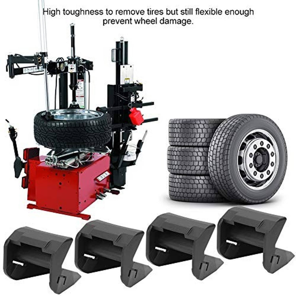 Four dark gray jaw protectors with projecting clips, shown near tire changer parts