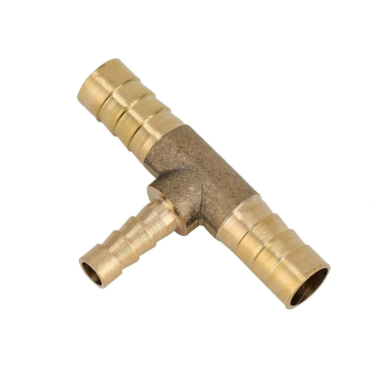 Brass reducing hose tee fitting, angled view, barbed hose ports and threaded ends