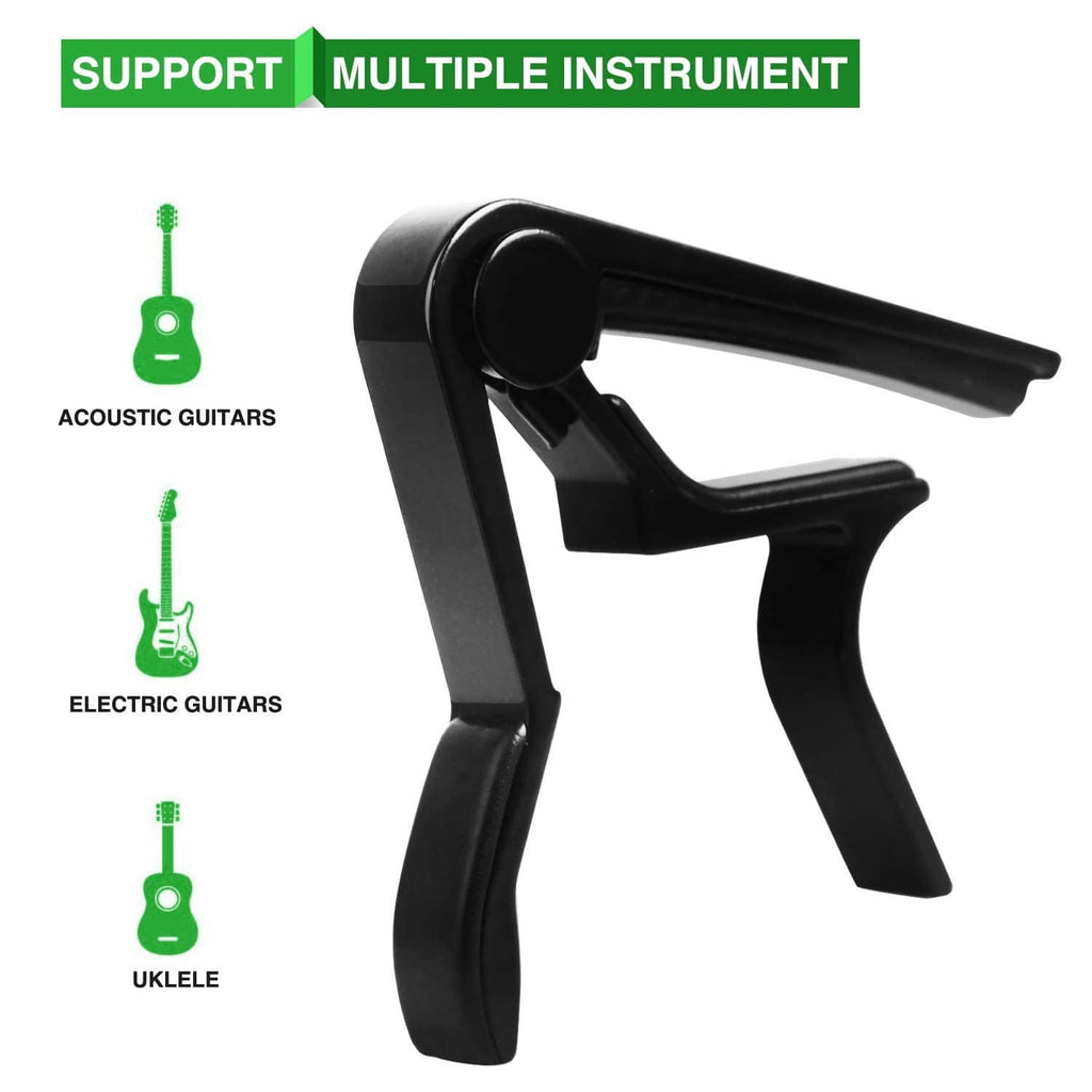 Black guitar capo clamp with long top bar and angled finger grip