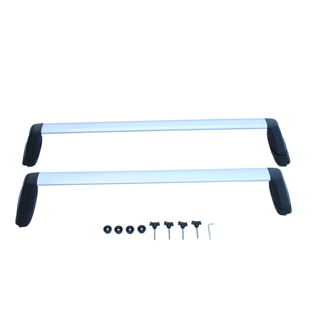 Pair of roof rack cross bars with black end mounts and included mounting bolts