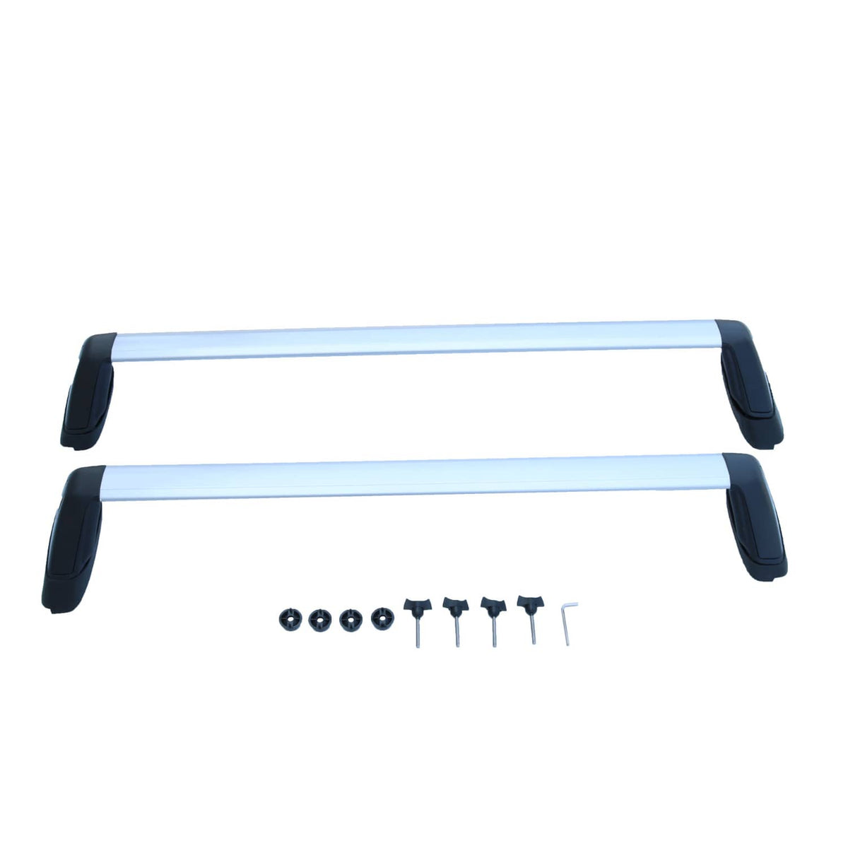 Pair of roof rack cross bars with black end mounts and included mounting bolts