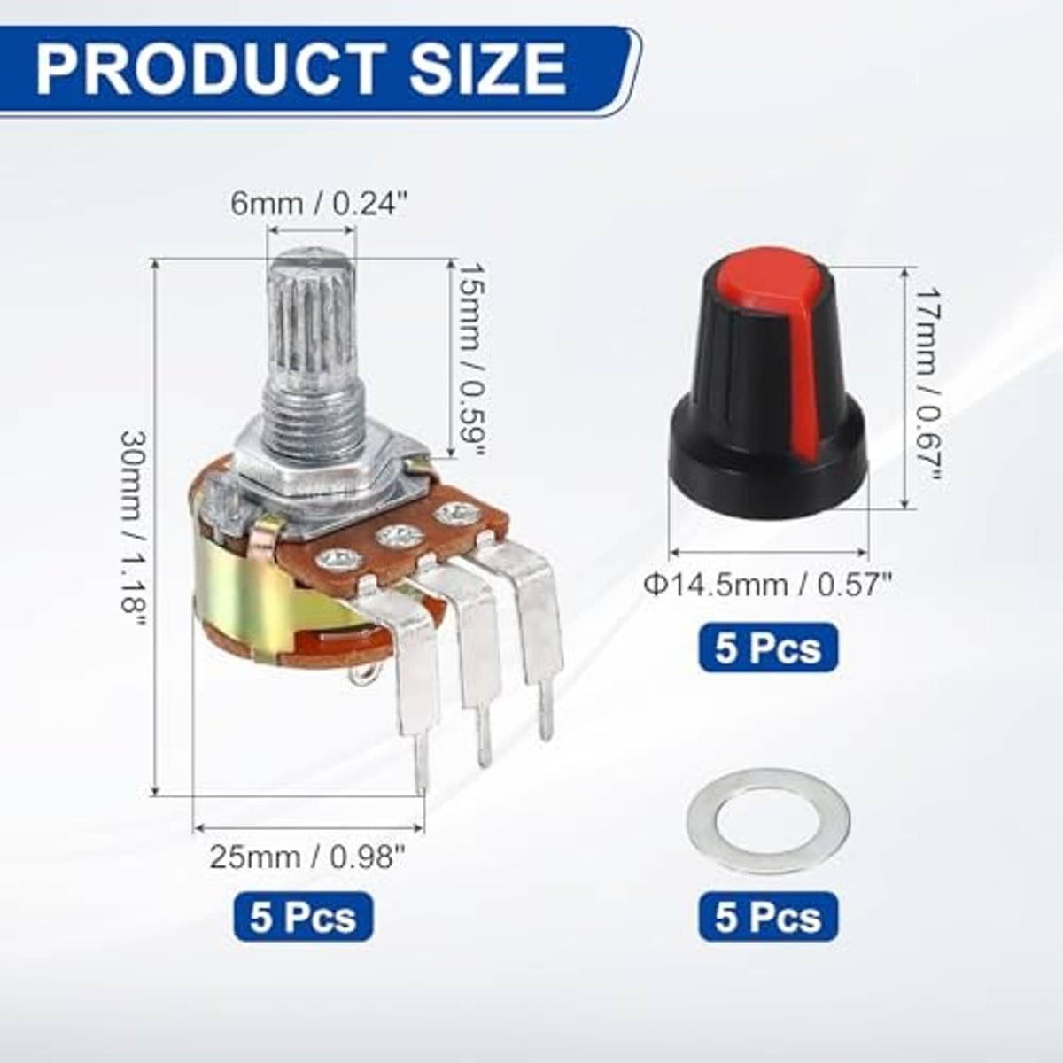 Single-turn linear potentiometer with red-black knob, 3 pins, and metal adjustment shaft
