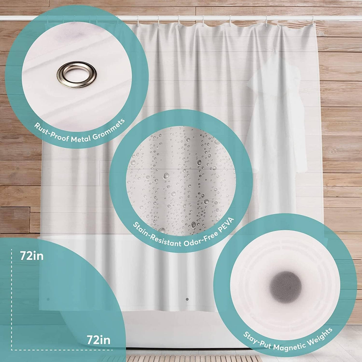White PEVA shower curtain liner with rustproof metal grommets and bottom weights