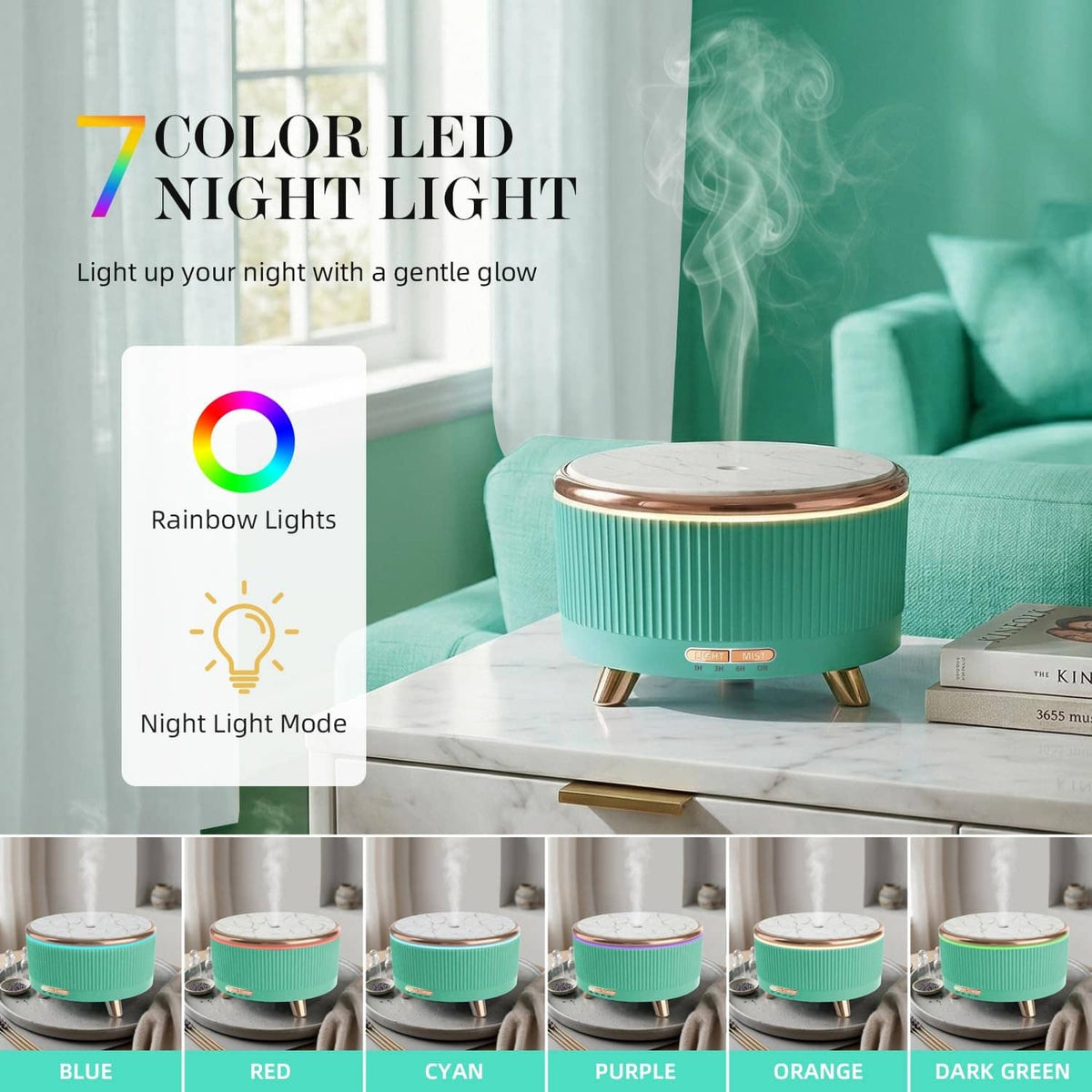 Emerald aqua diffuser with LED light glow and mist, showing night light modes