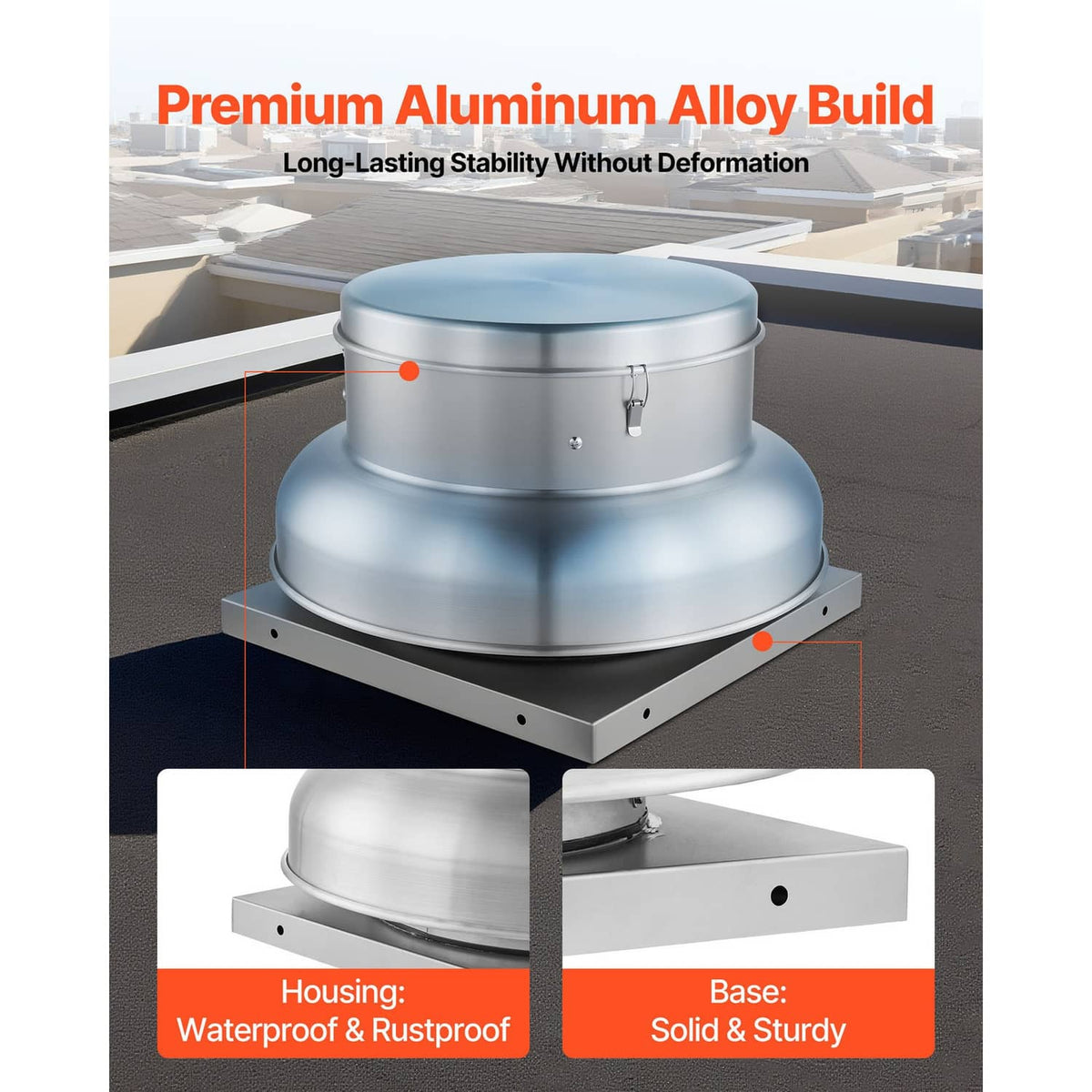 Aluminum roof exhaust fan with reinforced mounting base and capped top housing