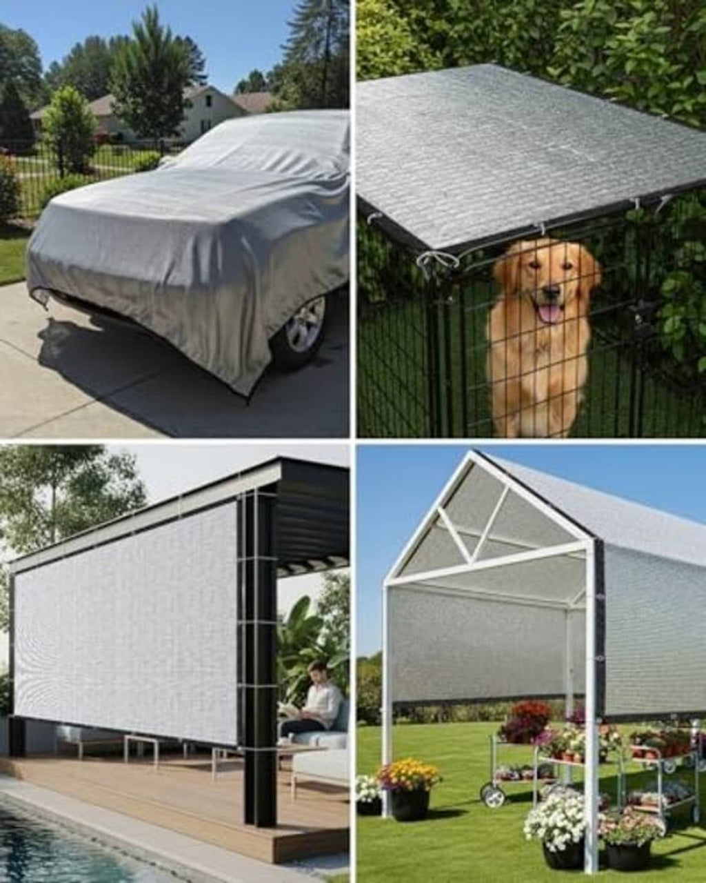 Reflective silver tarp used to cover outdoor items like cars, kennels, and structures