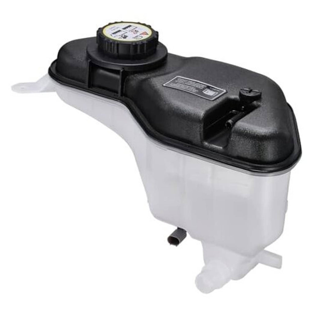 Engine coolant reservoir tank with black cap and white translucent body, coolant hose ports