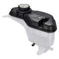 Engine coolant reservoir tank with black cap and white translucent body, coolant hose ports