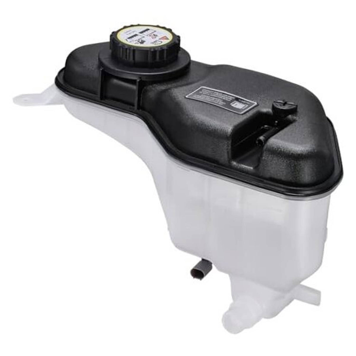 Engine coolant reservoir tank with black cap and white translucent body, coolant hose ports
