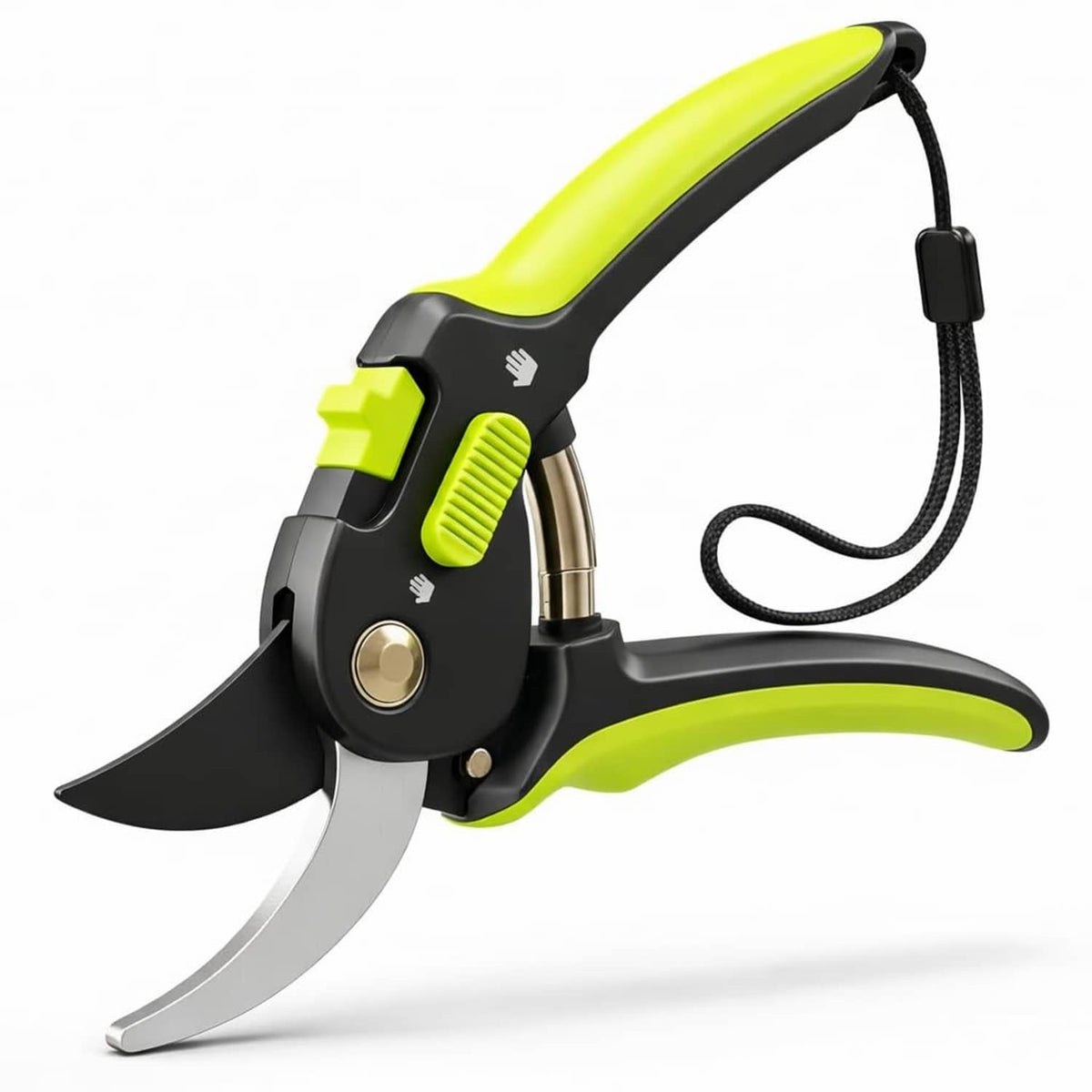 Green bypass pruning shears with black handle and silver blades, lanyard