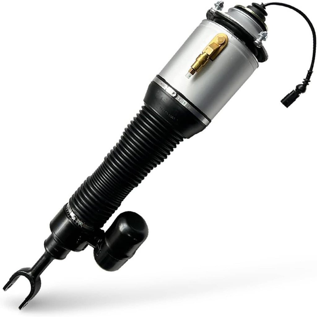 Front air suspension strut shock, silver air spring with black ribbed strut and boot