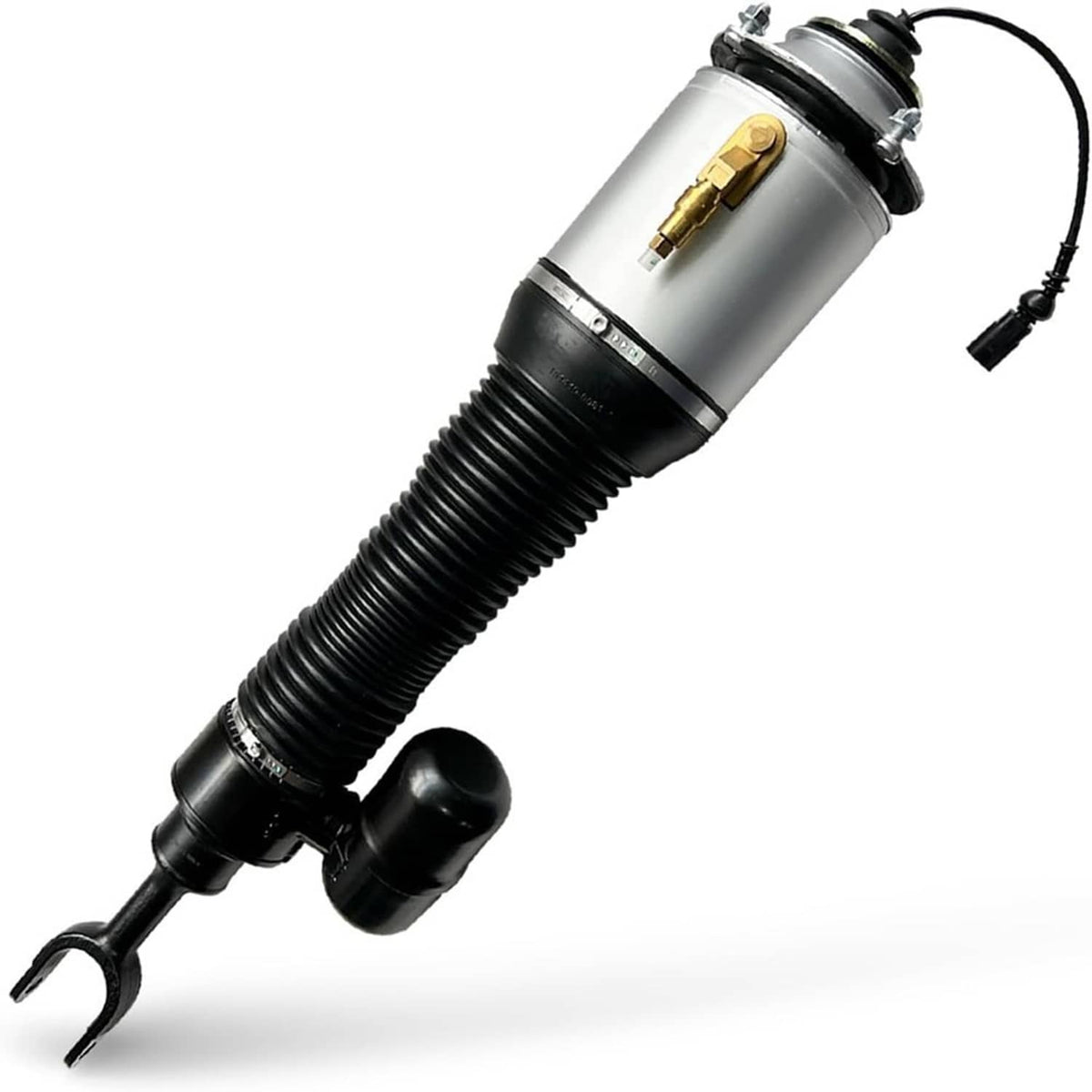 Front air suspension strut shock, silver air spring with black ribbed strut and boot