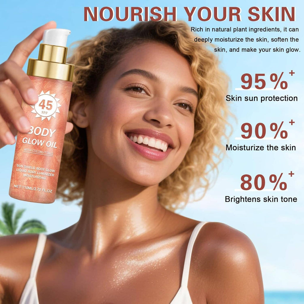 Nourishing body glow oil bottle in hand, with radiant sheen on smiling woman's shoulders.
