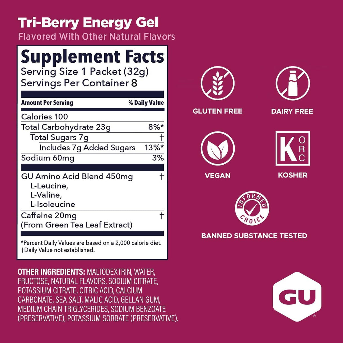 Tri-Berry Energy Gel Supplement Facts panel with nutrition and ingredient details