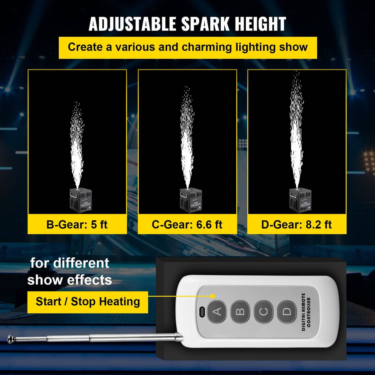 Cold spark machine front panel with adjustable spark height, plus wireless remote