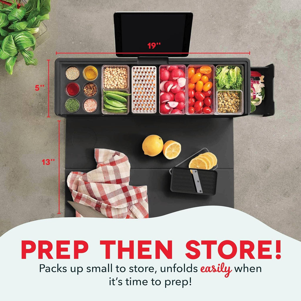Compact black prep station with open tray compartments and clear ingredient containers