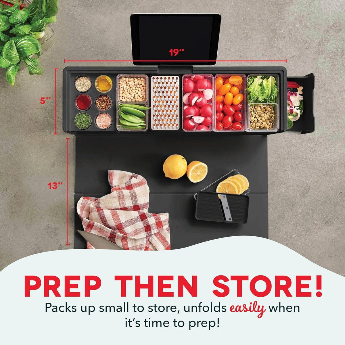 Compact black prep station with open tray compartments and clear ingredient containers