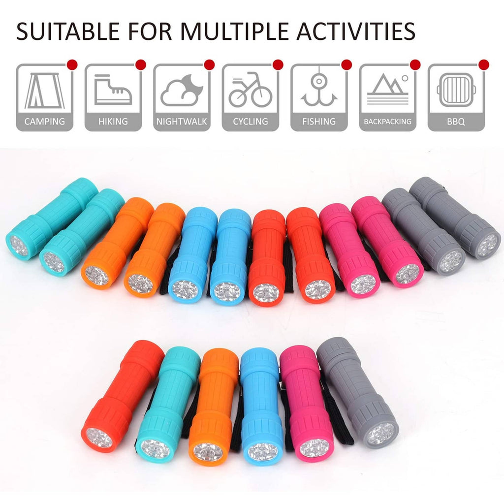 Multi-color LED mini flashlights, red, pink, orange, blue, teal, and gray